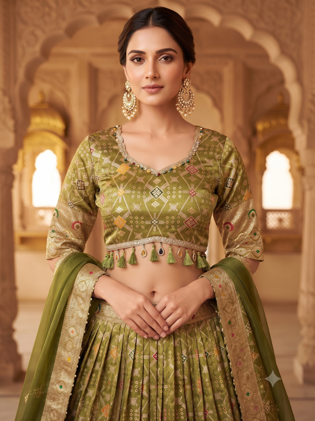 Banarasi Woven Lehenga Choli with Tassel Latkan in Mehendi Green