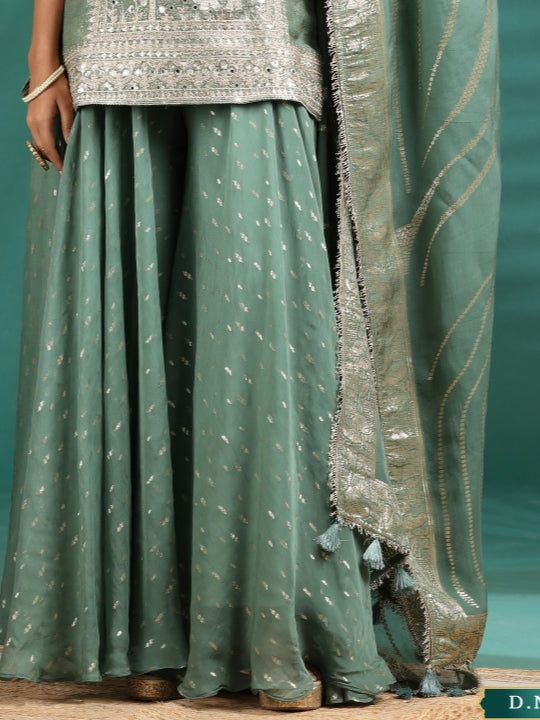 Zari & Mirror Embroidered Sleeveless Kurta & Flared Pallazo Set with Leheriya Dupatta in Sage Green
