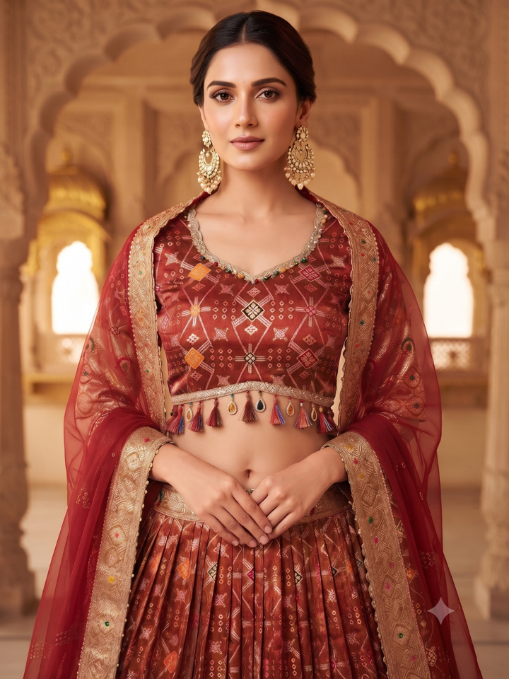 Banarasi Woven Lehenga Choli with Tassel Latkan in Maroon
