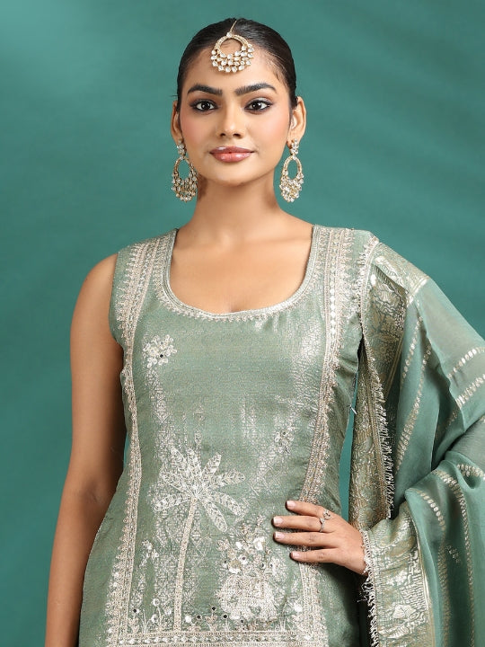 Zari & Mirror Embroidered Sleeveless Kurta & Flared Pallazo Set with Leheriya Dupatta in Sage Green