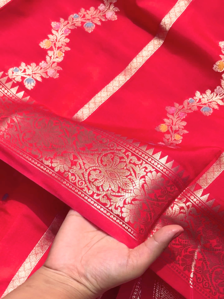 Red Banarasi Silk Saree with Meenakari Zari Floral Border and Blouse Piece