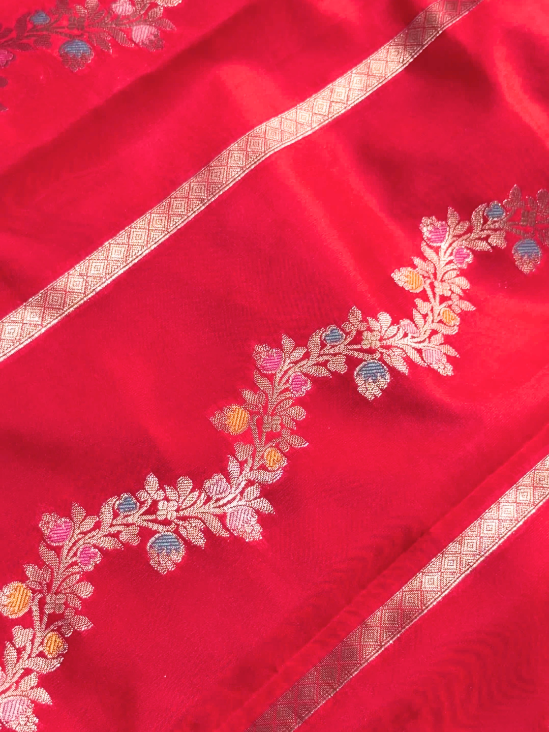Red Banarasi Silk Saree with Meenakari Zari Floral Border and Blouse Piece