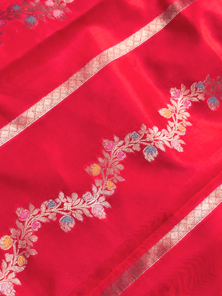 Red Banarasi Silk Saree with Meenakari Zari Floral Border and Blouse Piece