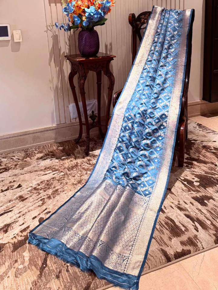 Banarasi Art Silk Saree with Silver Geometric Jaal & Rich Brocade Border