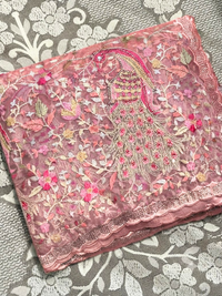 Peacock Floral Embroidered Net Saree in Mauve Wine