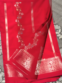 Red Banarasi Silk Saree with Meenakari Zari Floral Border and Blouse Piece