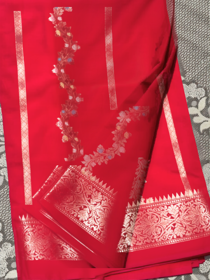 Red Banarasi Silk Saree with Meenakari Zari Floral Border and Blouse Piece