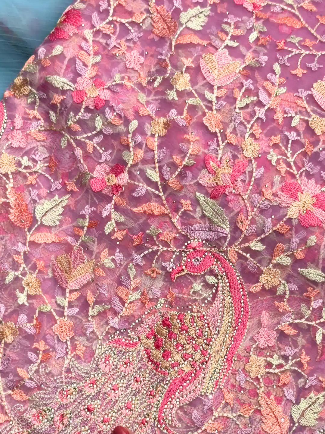 Peacock Floral Embroidered Net Saree in Mauve Wine