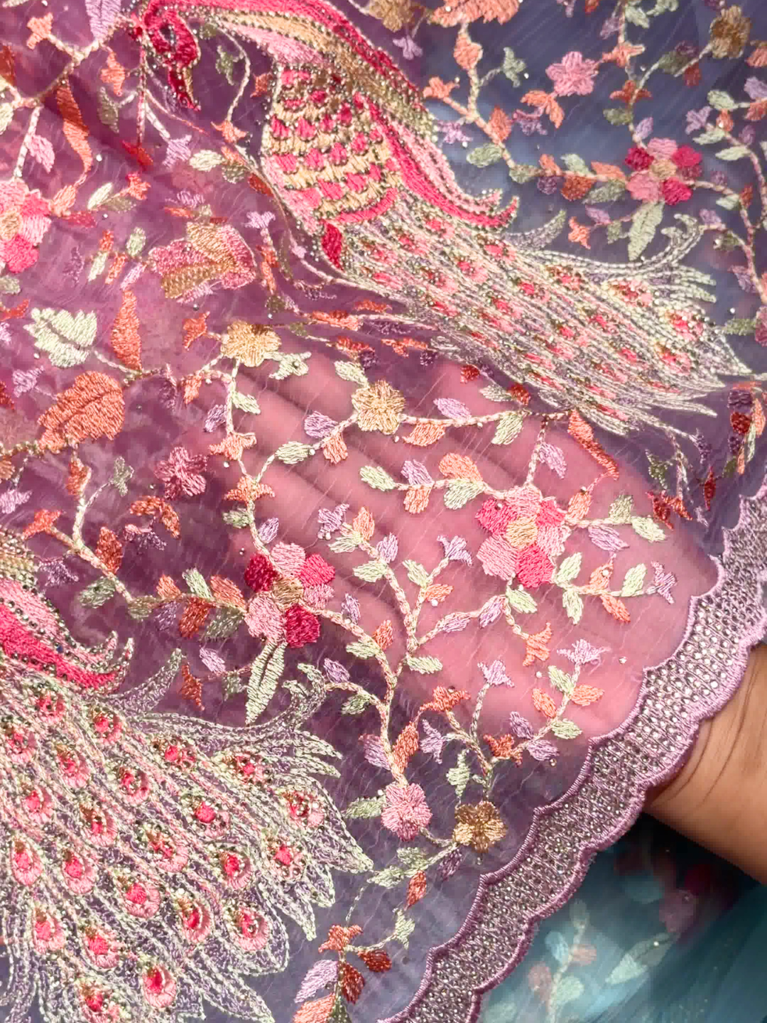 Peacock Floral Embroidered Net Saree in Mauve Wine