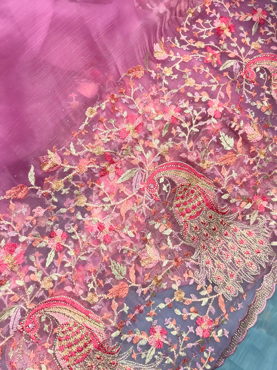 Peacock Floral Embroidered Net Saree in Mauve Wine