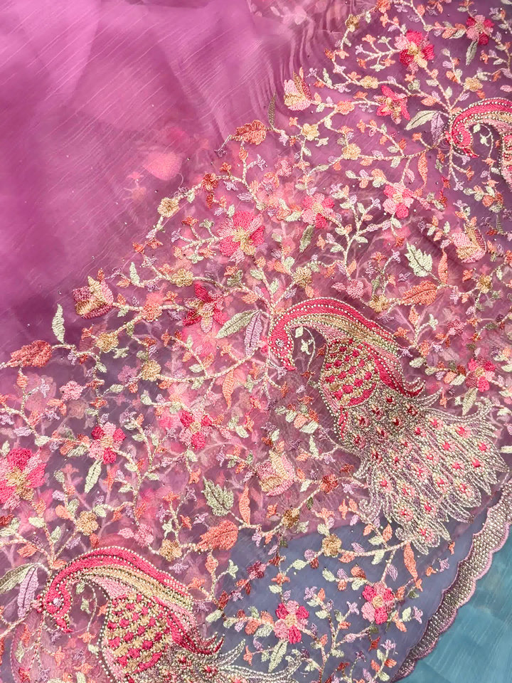 Peacock Floral Embroidered Net Saree in Mauve Wine