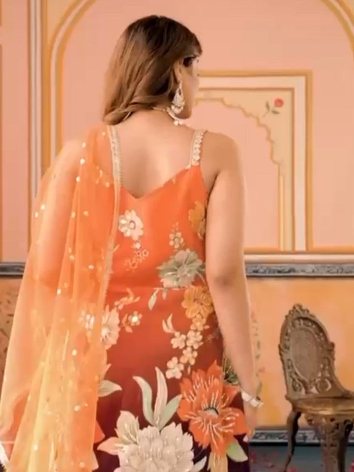 Floral Embroidered Kurta Palazzo Set with Sequin Net Dupatta