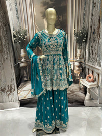 Teal Georgette Gharara Set with Zari, Mirror & Sequin Embroidery, Floral Border Dupatta