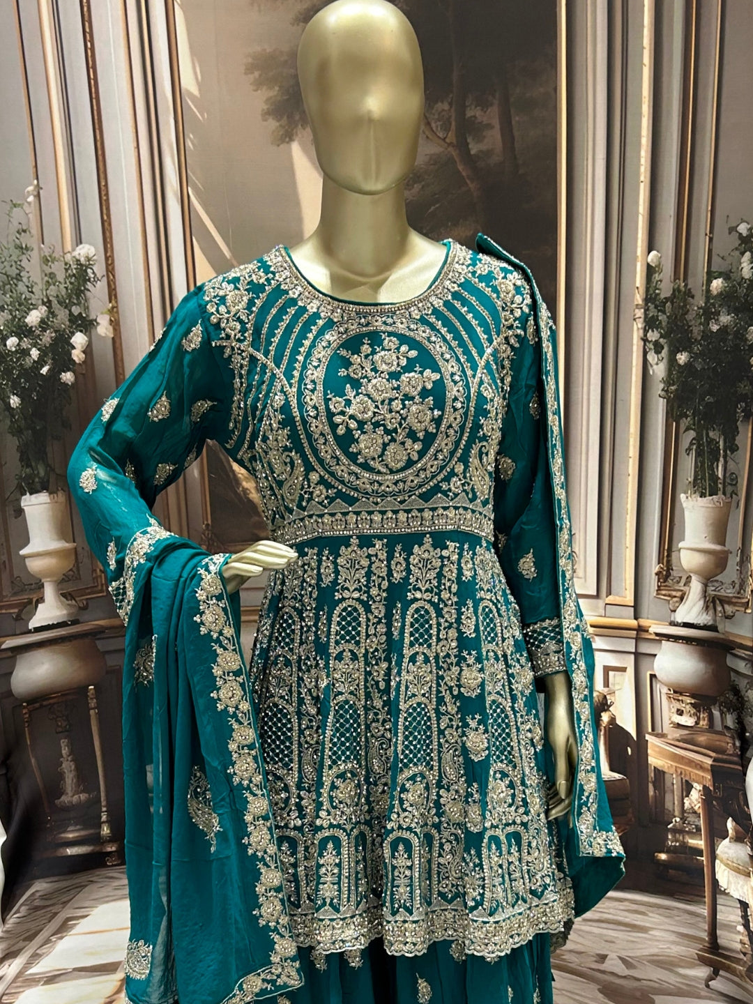 Teal Georgette Gharara Set with Zari, Mirror & Sequin Embroidery, Floral Border Dupatta