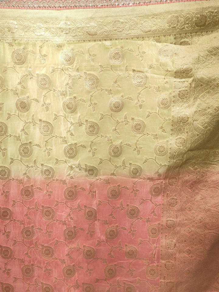 Banarasi Silk Zari Woven Paisley Ombre Saree with Sequin Scalloped Border in Peach & Pink