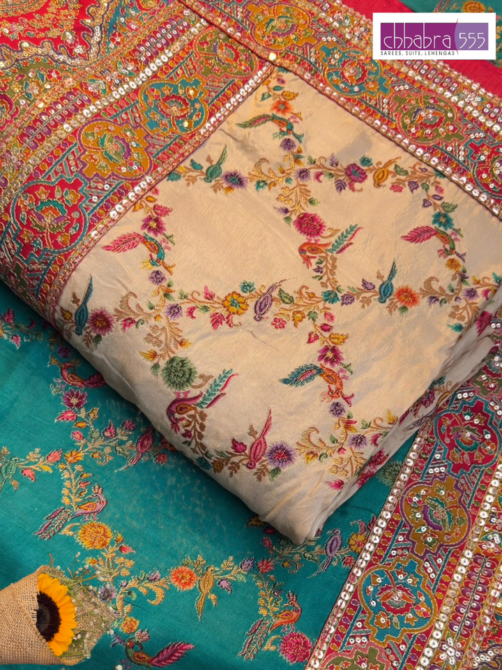 Teal Multicolor Thread Embroidered Paisley Saree with Mirror Work Border
