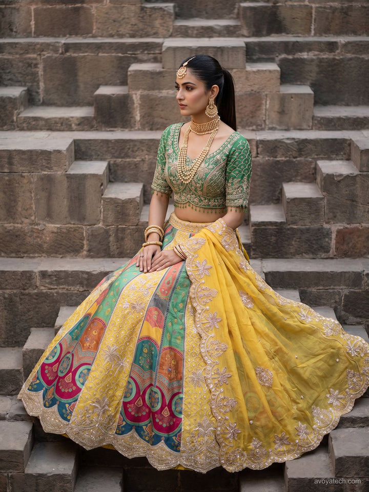 Yellow Multicolor Panelled Lehenga Choli with Contrast Green Blouse