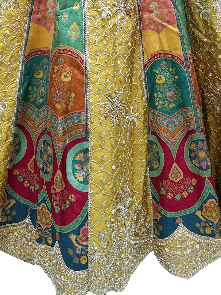 Yellow Multicolor Panelled Lehenga Choli with Contrast Green Blouse