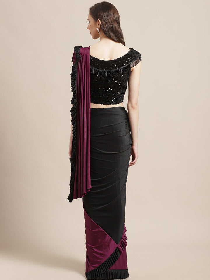 Ruffled Pre-stitched Saree with Festive Layering & Bling Embroidery Off Shoulder Blouse