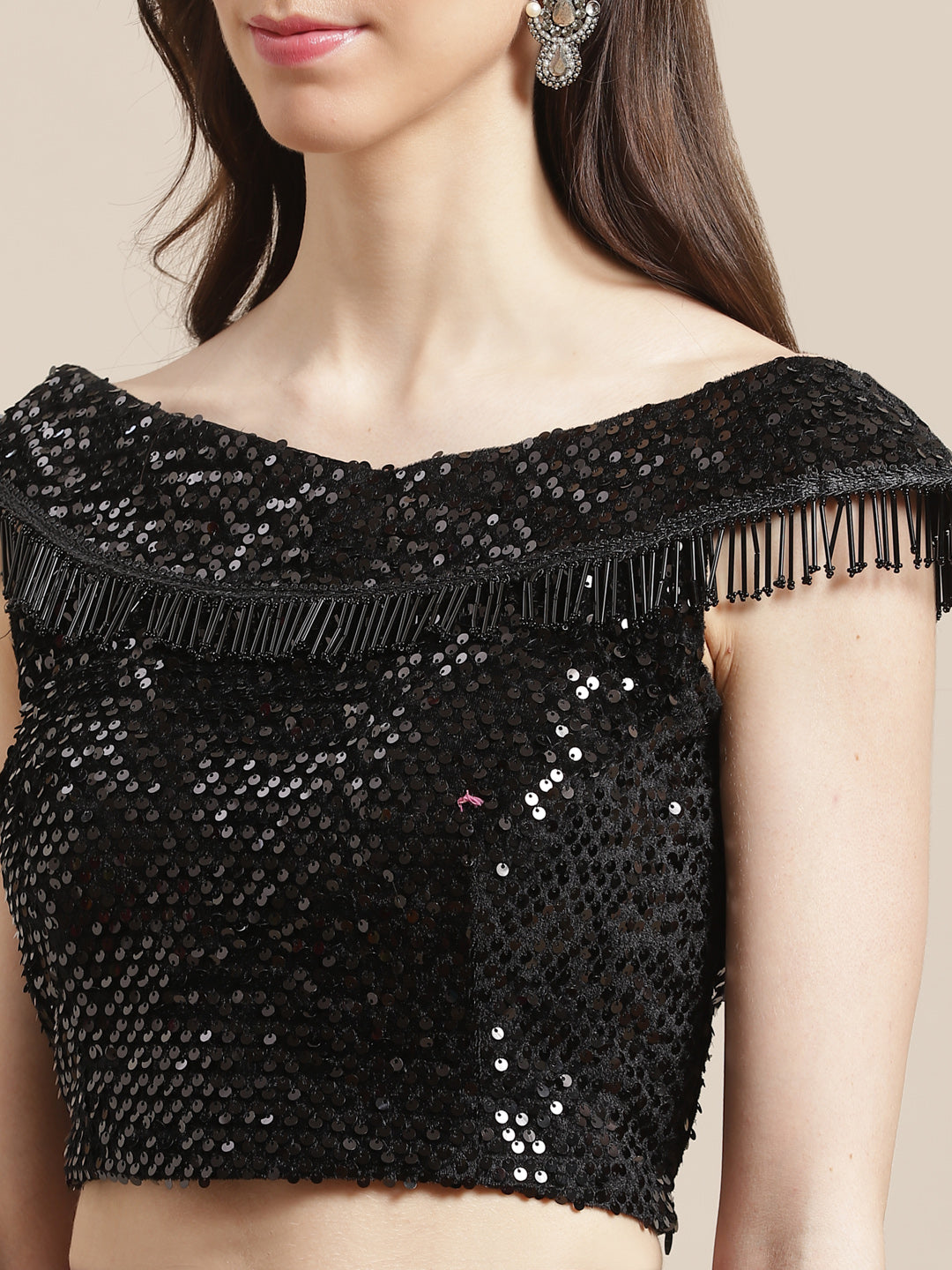 Ruffled Pre-stitched Saree with Festive Layering & Bling Embroidery Off Shoulder Blouse