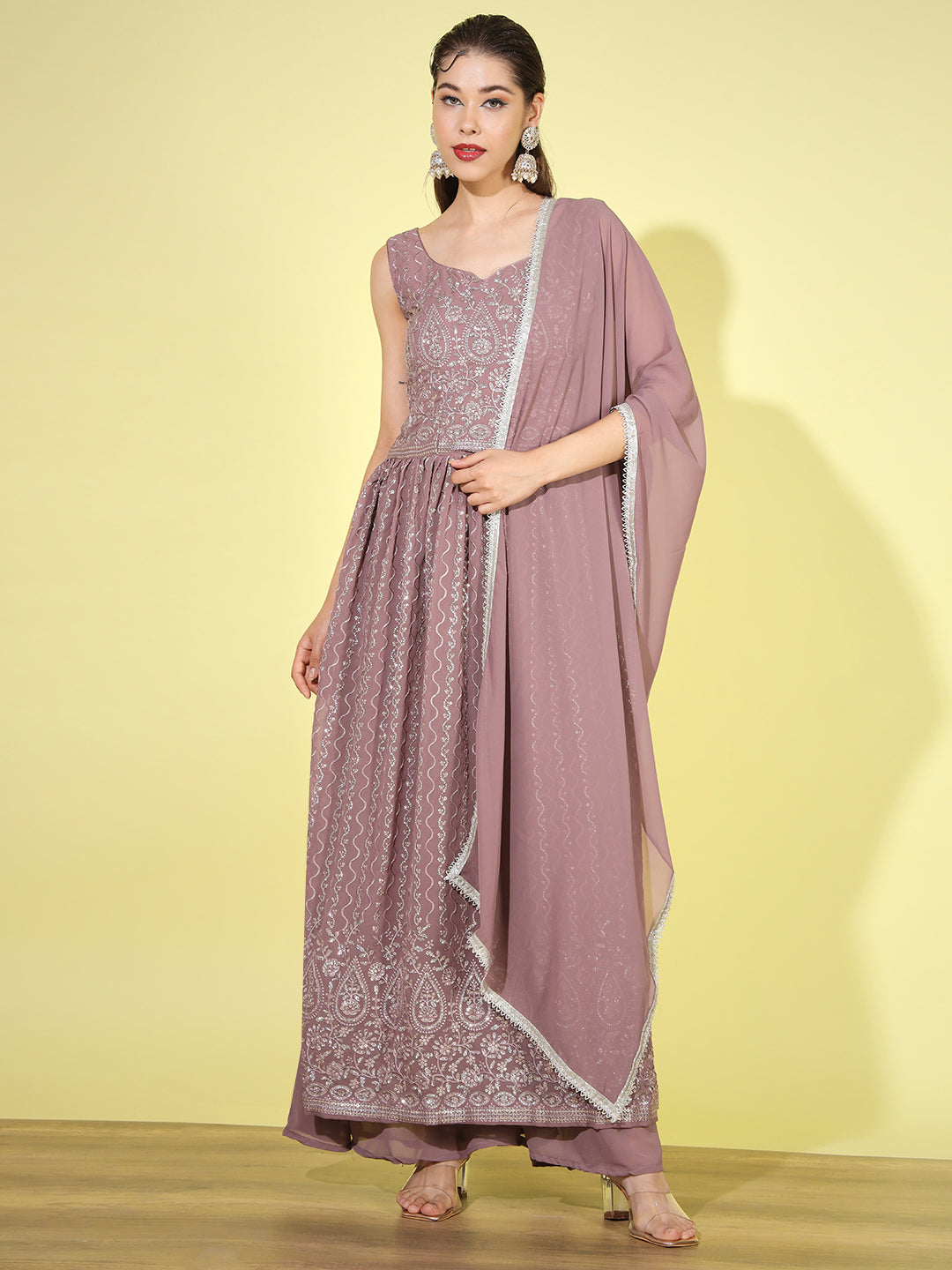 Mauve Sequin Embellished Georgette Nyraa Style Pleated Palazzo Suit