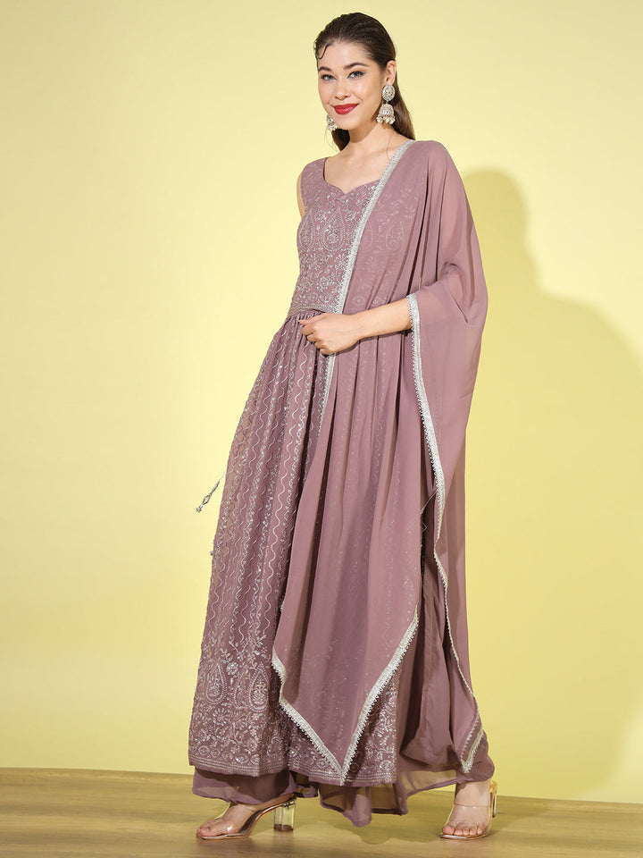 Mauve Sequin Embellished Georgette Nyraa Style Pleated Palazzo Suit