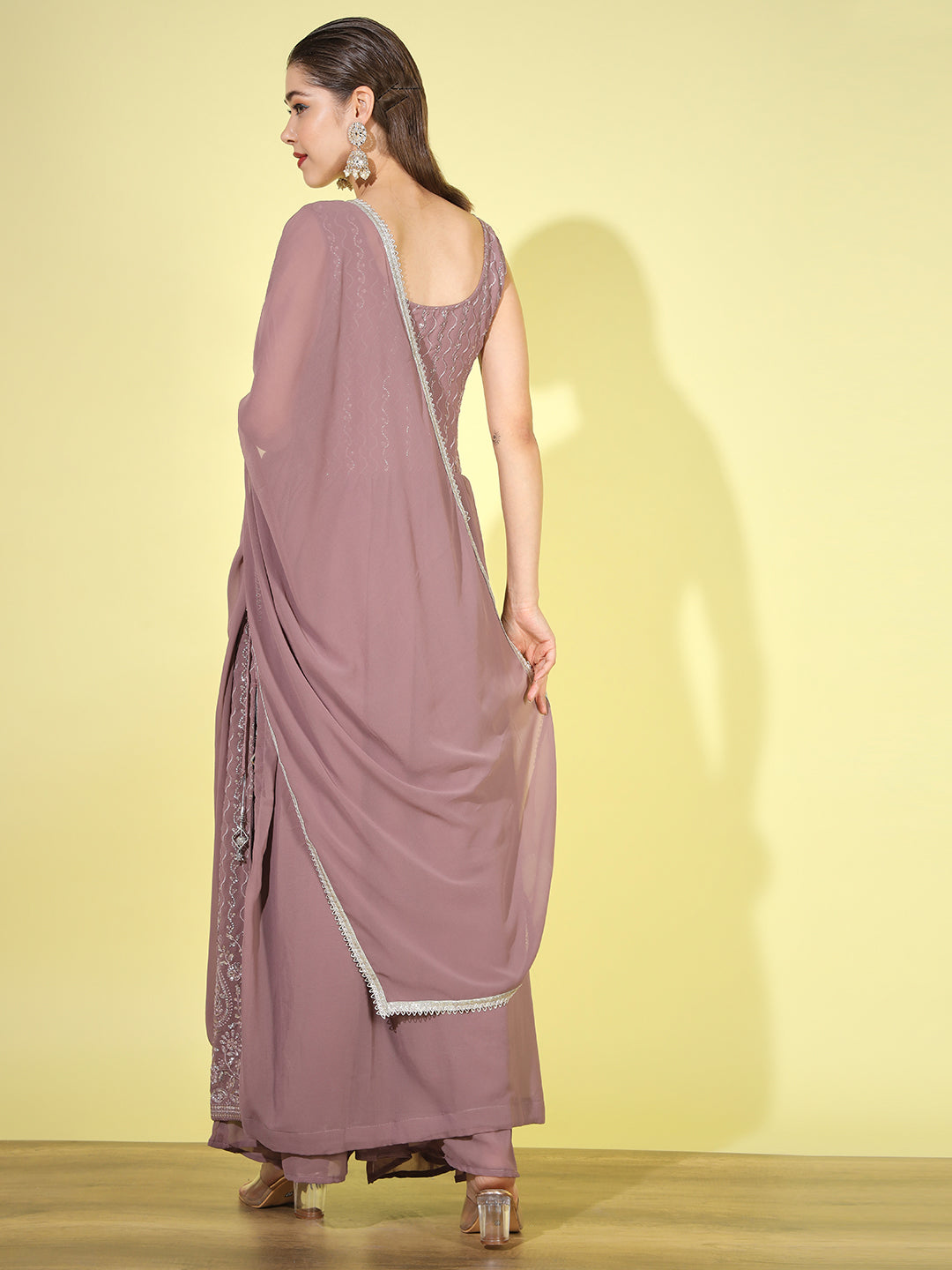 Mauve Sequin Embellished Georgette Nyraa Style Pleated Palazzo Suit