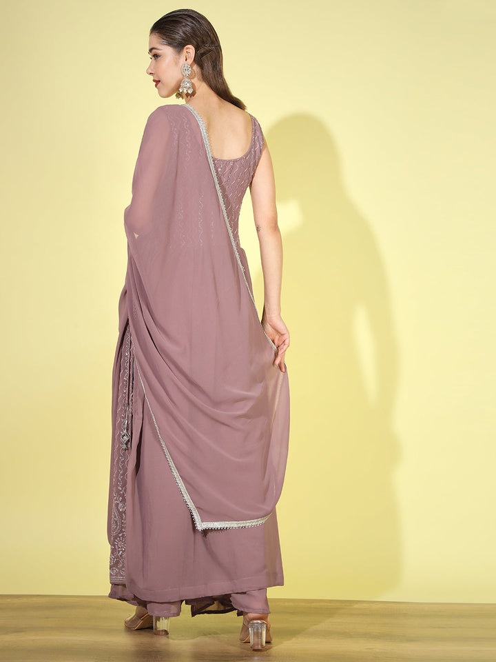 Mauve Sequin Embellished Georgette Nyraa Style Pleated Palazzo Suit