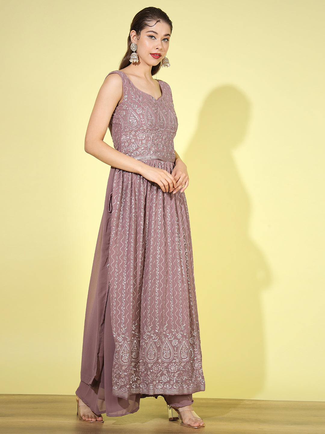Mauve Sequin Embellished Georgette Nyraa Style Pleated Palazzo Suit
