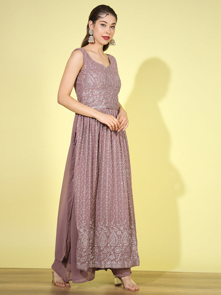 Mauve Sequin Embellished Georgette Nyraa Style Pleated Palazzo Suit
