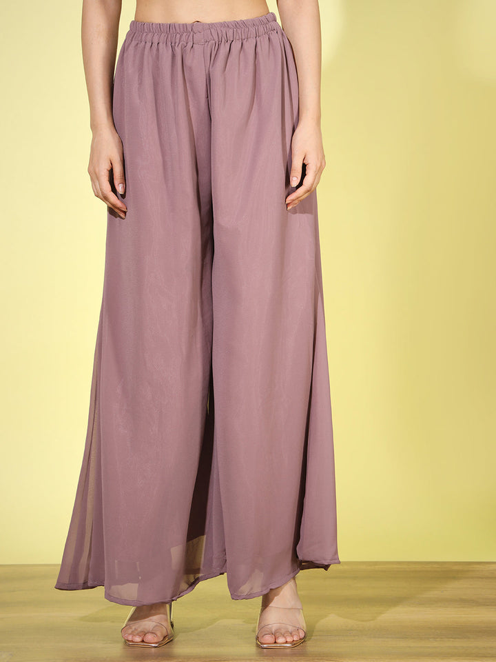 Mauve Sequin Embellished Georgette Nyraa Style Pleated Palazzo Suit