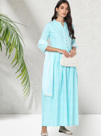 Chevron Printed Rayon Flared Anarkali Kurta Set With Cotton Dupatta