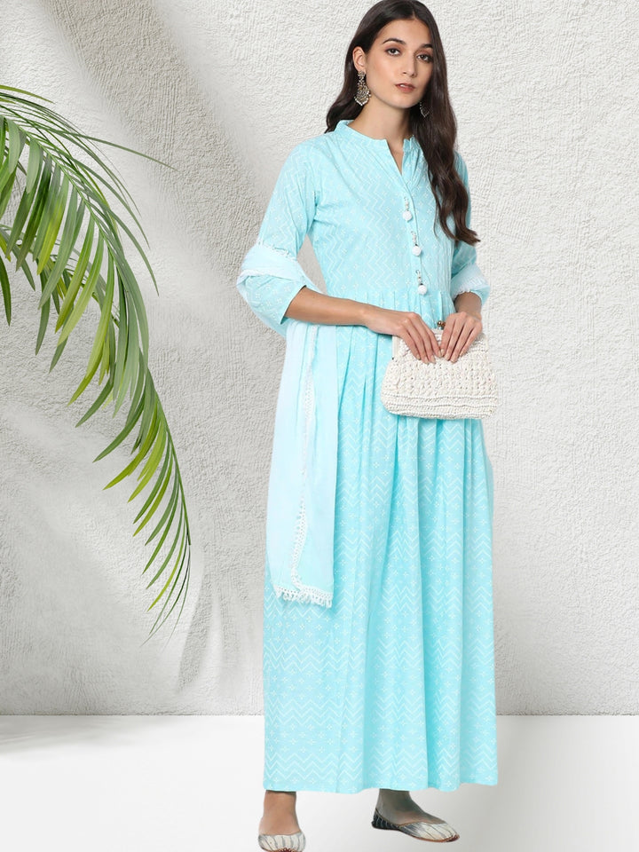 Chevron Printed Rayon Flared Anarkali Kurta Set With Cotton Dupatta