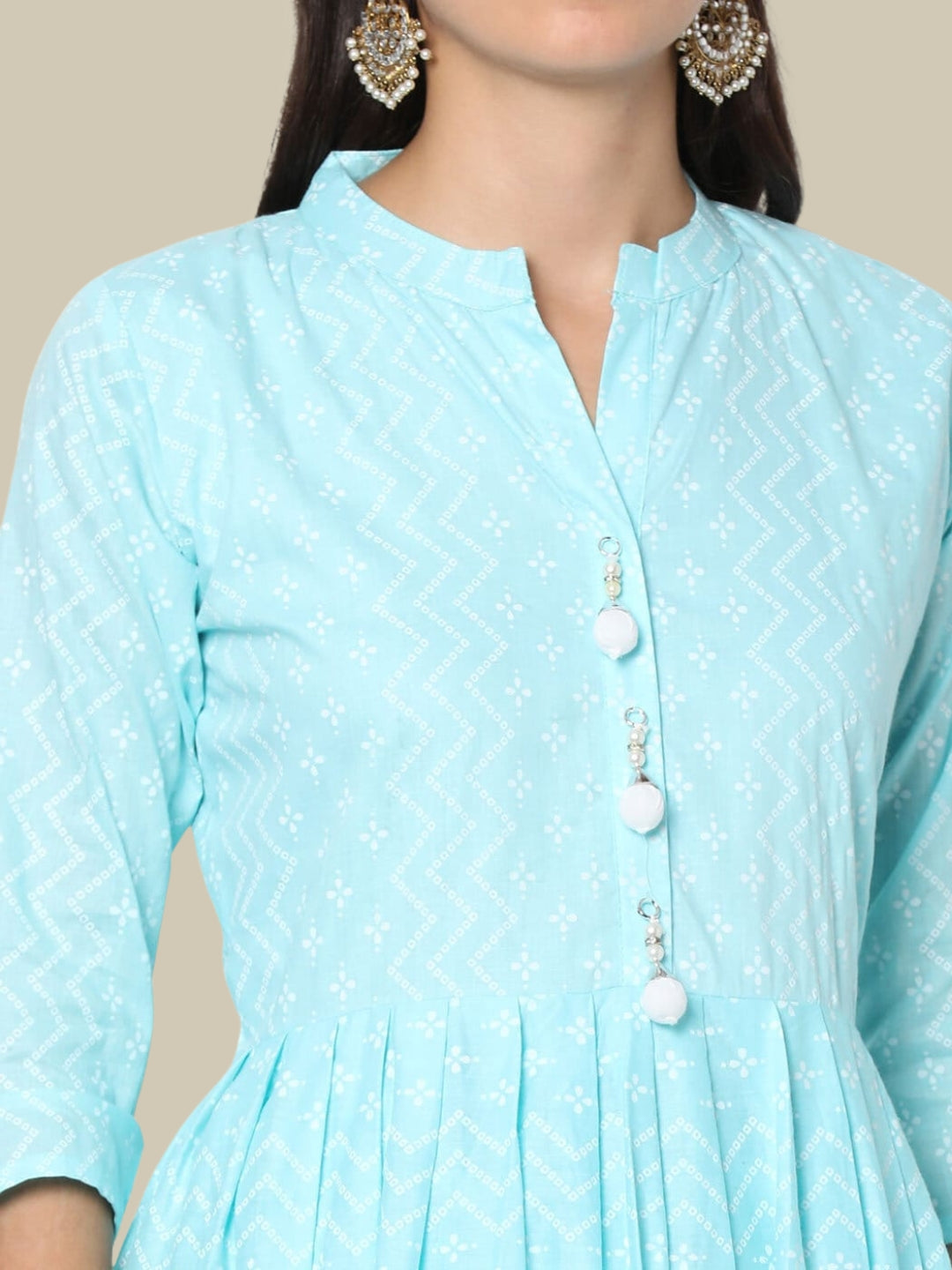 Chevron Printed Rayon Flared Anarkali Kurta Set With Cotton Dupatta