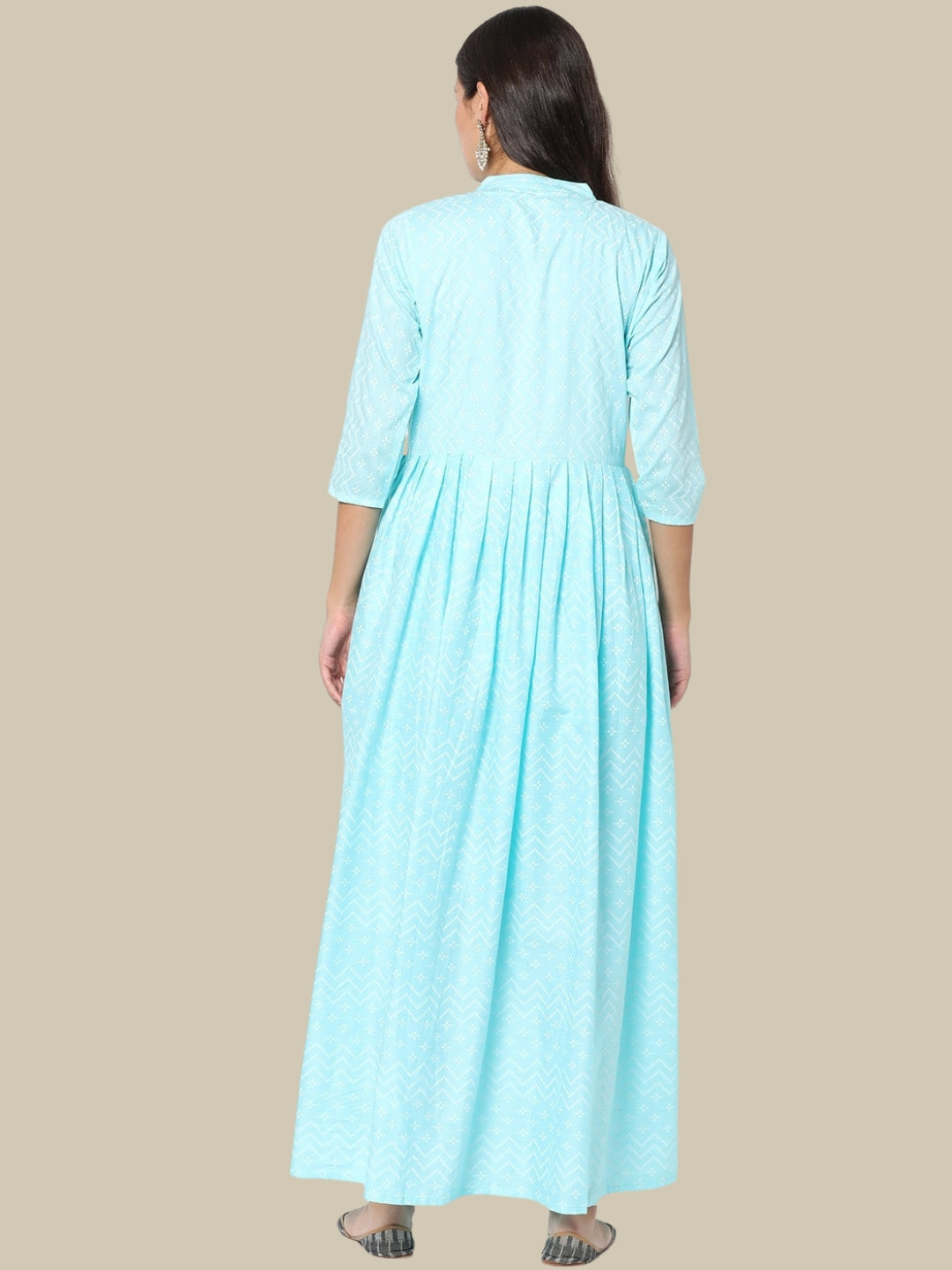 Chevron Printed Rayon Flared Anarkali Kurta Set With Cotton Dupatta