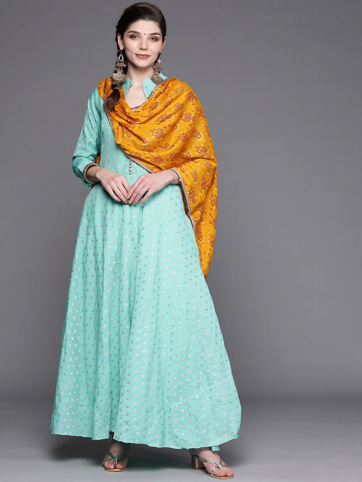 Turquoise Blue Banarasi Georgette Anarkali Suit & Mustard Bandhej Print Dupatta