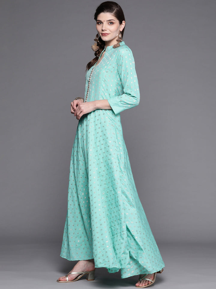 Turquoise Blue Banarasi Georgette Anarkali Suit & Mustard Bandhej Print Dupatta