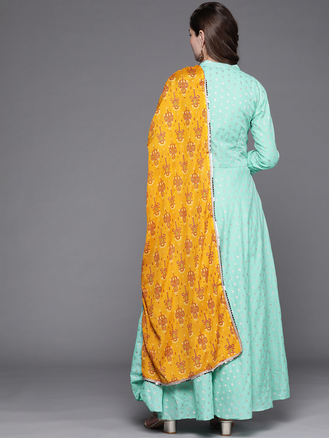 Turquoise Blue Banarasi Georgette Anarkali Suit & Mustard Bandhej Print Dupatta