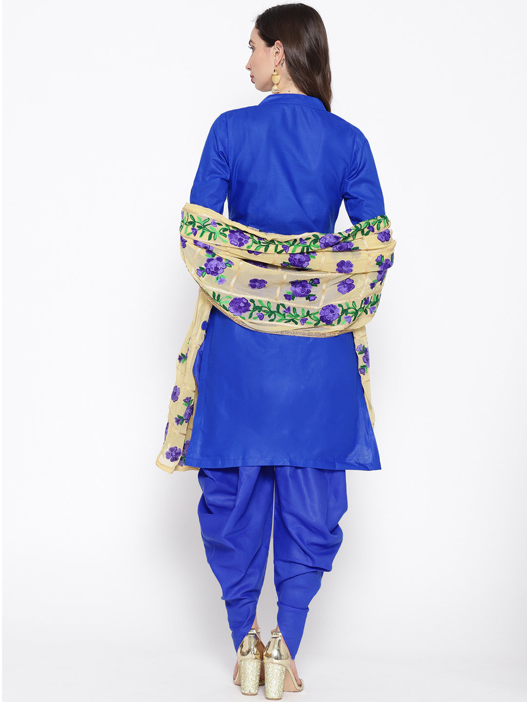 Blue Cotton Phulkari Embroidery Unstitched Suit Dupatta with Kundan embellishment