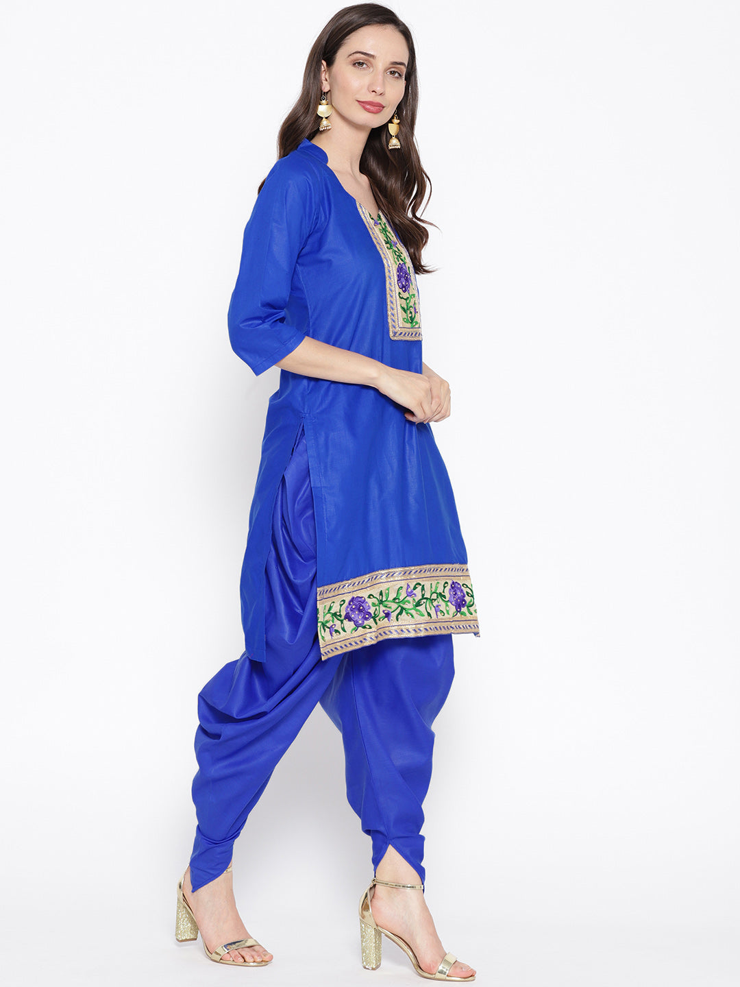 Blue Cotton Phulkari Embroidery Unstitched Suit Dupatta with Kundan embellishment