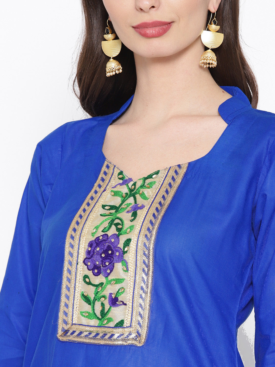 Blue Cotton Phulkari Embroidery Unstitched Suit Dupatta with Kundan embellishment