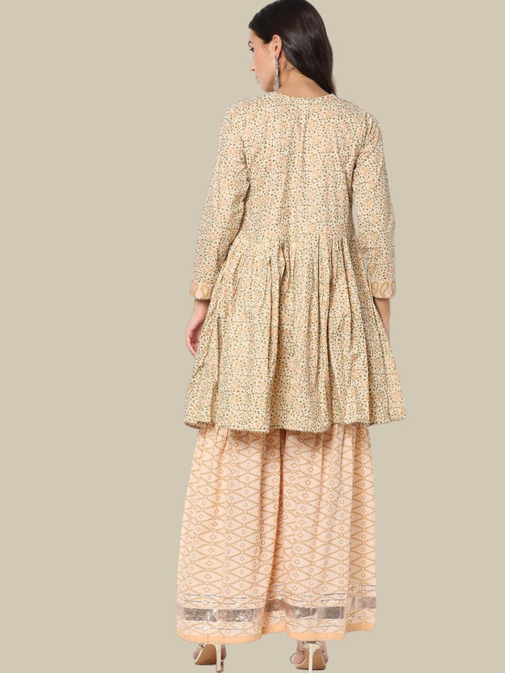 Floral Printed Cotton Peplum Kurta Sharara Set With Cotton Dupatta