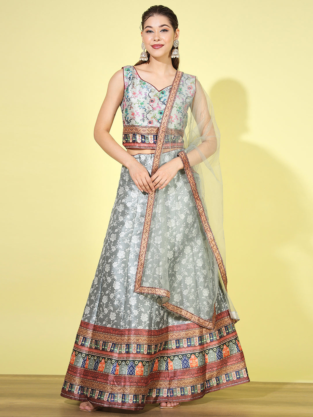 Floral Digital Print  Crop Top Lehenga Set with Net Dupatta