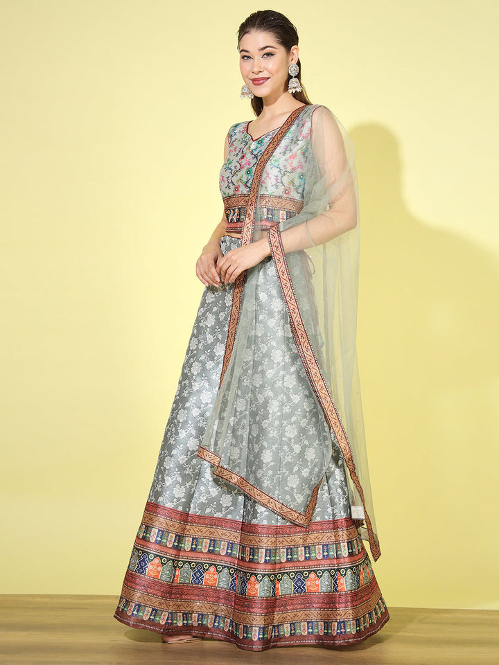 Floral Digital Print  Crop Top Lehenga Set with Net Dupatta