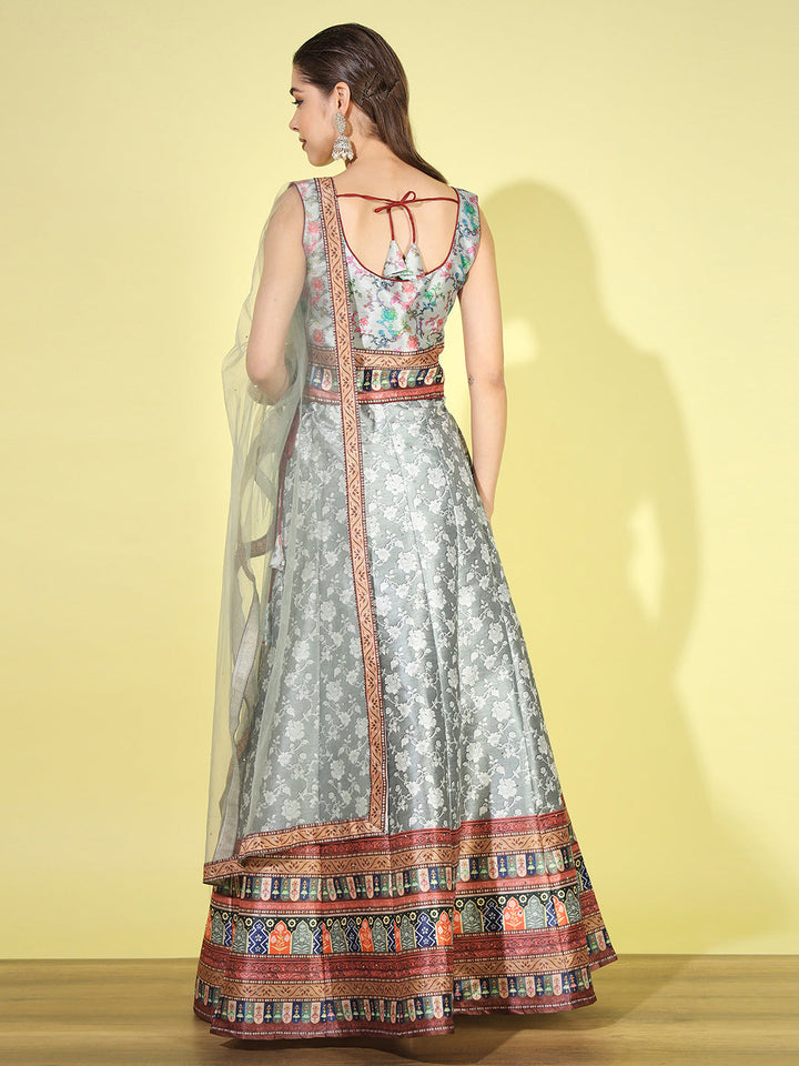 Floral Digital Print  Crop Top Lehenga Set with Net Dupatta