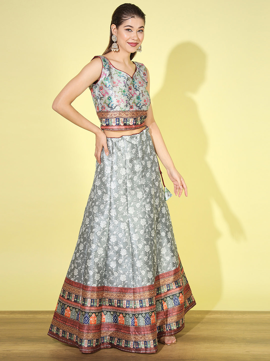 Floral Digital Print  Crop Top Lehenga Set with Net Dupatta