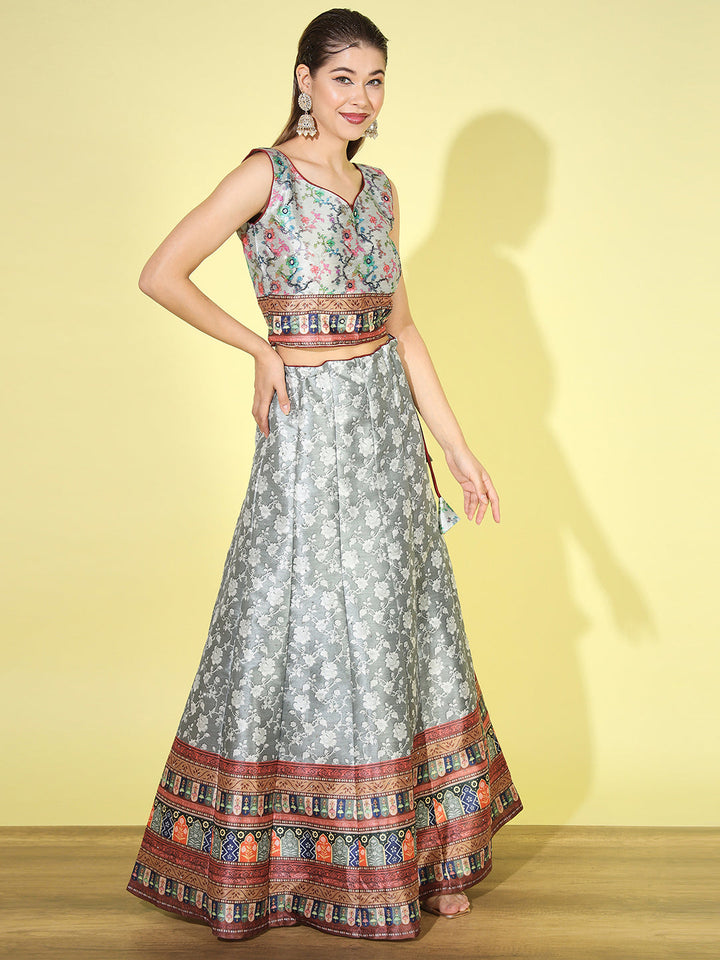 Floral Digital Print  Crop Top Lehenga Set with Net Dupatta