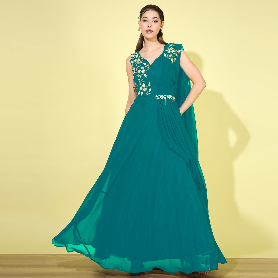 Zircon Embellished Flared Cocktail Gown with Attached Dupatta