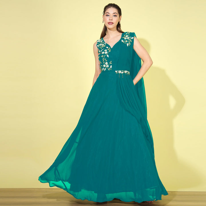 Zircon Embellished Flared Cocktail Gown with Attached Dupatta