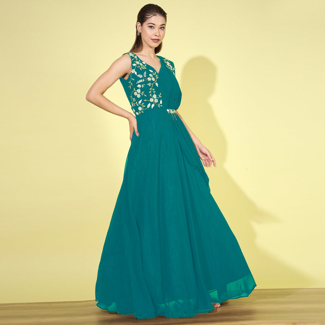 Zircon Embellished Flared Cocktail Gown with Attached Dupatta